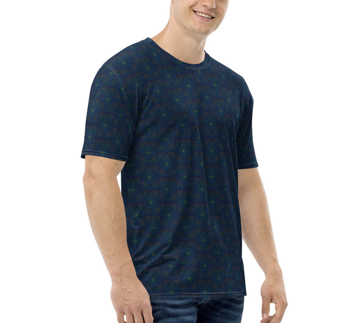 Side angle of blue geometric psychedelic t-shirt – a must-have for unisex festival outfits, trance gatherings, and visionary wardrobes.