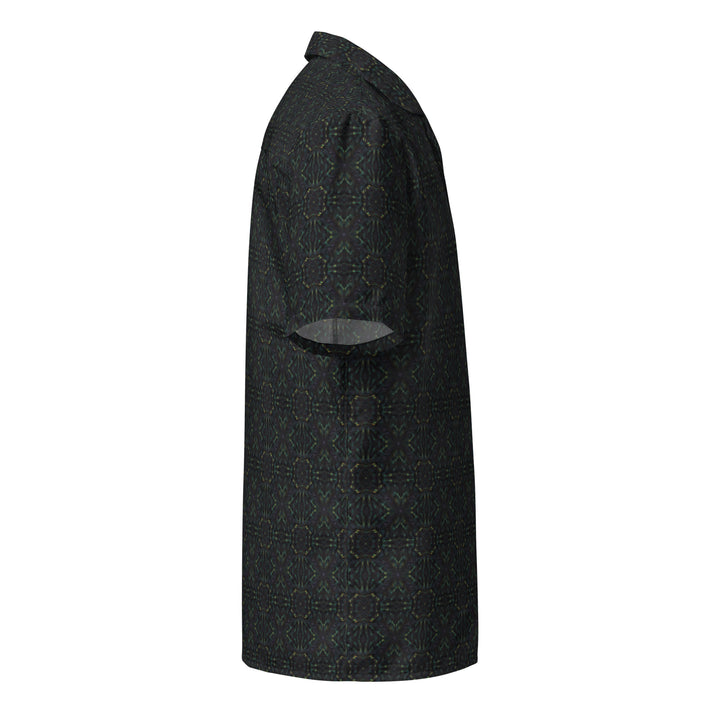 Right side of DesX button down – sleek digital sacred design for ravers and conscious dressers.