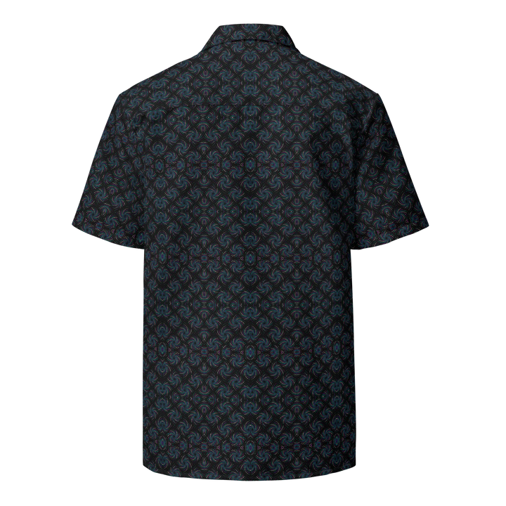 Back view of Dotadelic black and blue shirt – psychedelic symmetry for spiritual streetwear lovers.
