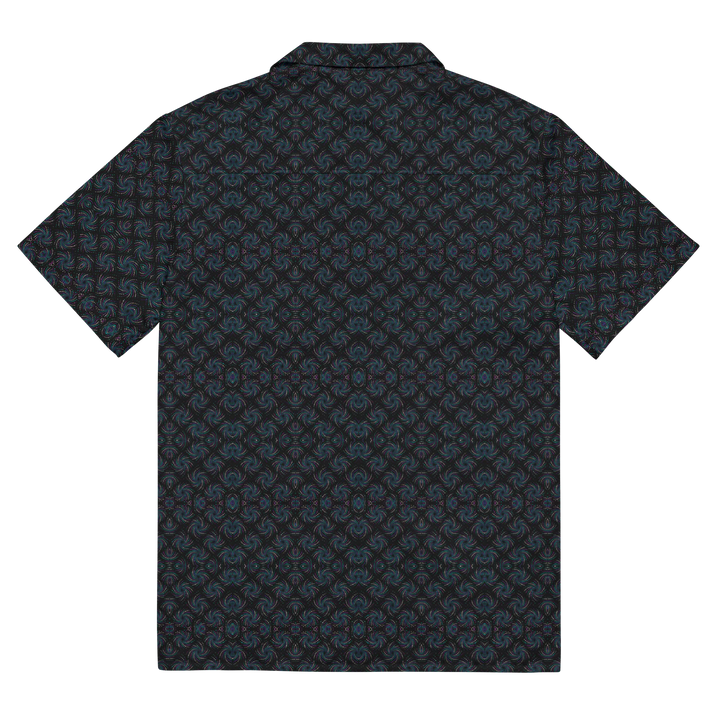 Flat back view of Dotadelic black and blue shirt – fractal design perfect for psychedelic self-expression.