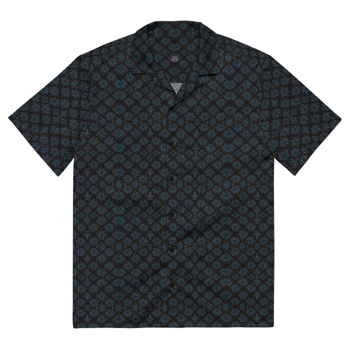 Flat front image of Dotadelic black/blue shirt – dark sacred geometry for visionary party outfits.