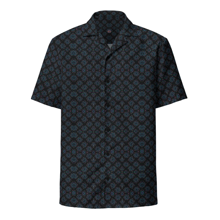 Front view of Dotadelic black and blue button down shirt – trippy sacred geometry for rave and festival wear.