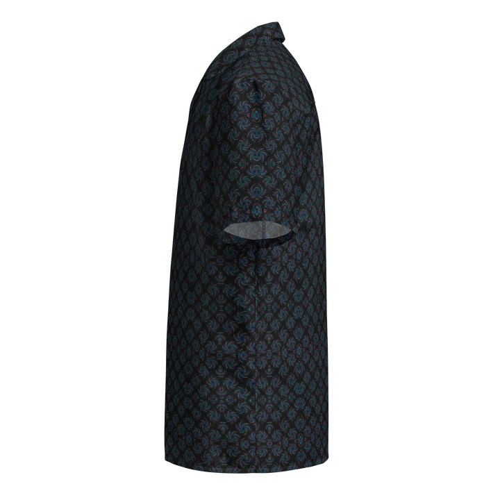 Left side view of Dotadelic black and blue shirt – trippy geometric art for festival and rave scenes.