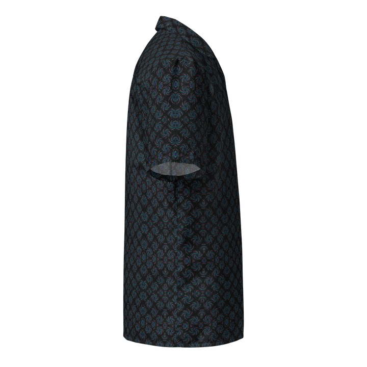 Right side angle of Dotadelic black/blue shirt – bold sacred patterns for psychedelic fashion lovers.