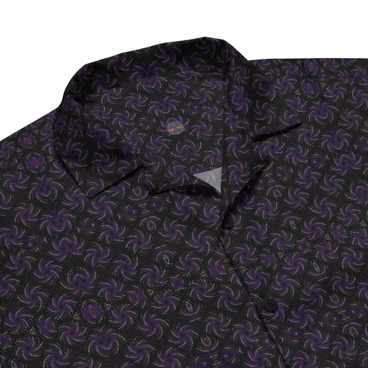 Close-up of collar and pattern on Dotadelic blackpurple shirt – visionary details for rave style.