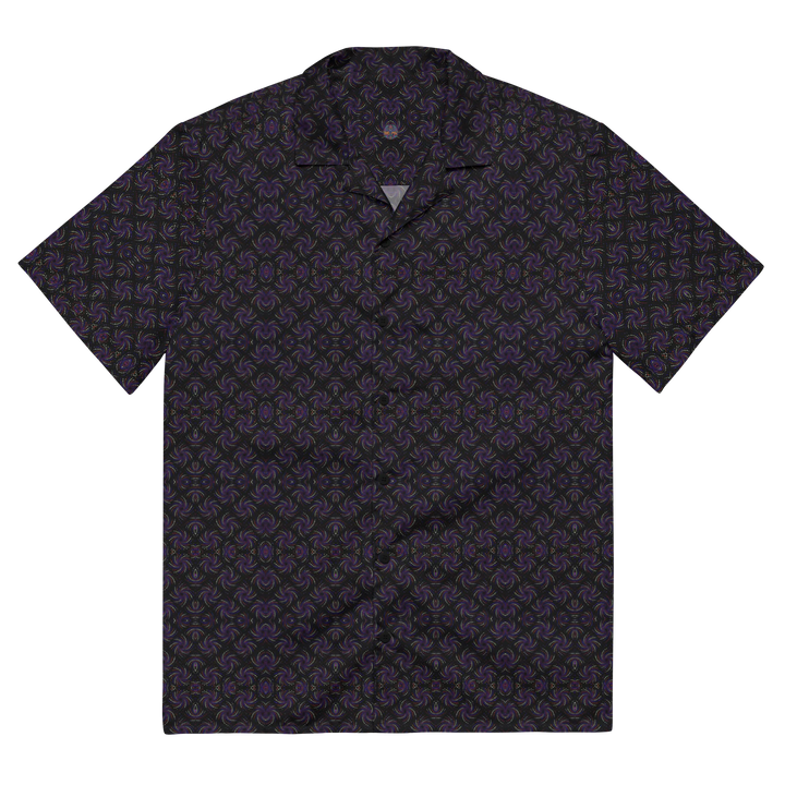 Flat front view of Dotadelic blackpurple shirt – geometric psychedelic art for visionary wear.