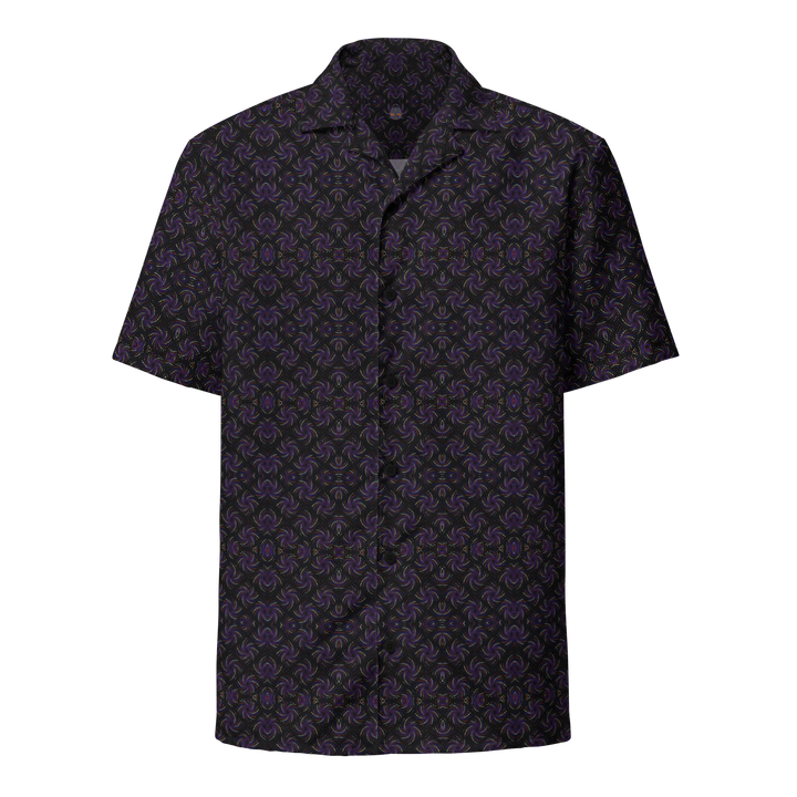Front view of Dotadelic black and purple button down shirt – trippy sacred geometry for festival lovers.