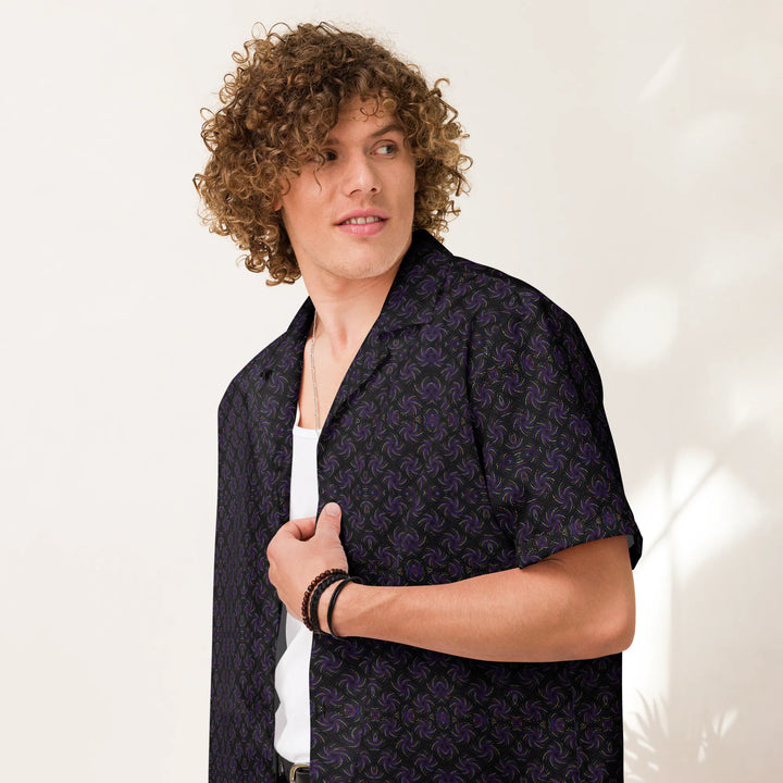 Model wearing Dotadelic blackpurple shirt – trippy sacred geometry perfect for raves and festivals.