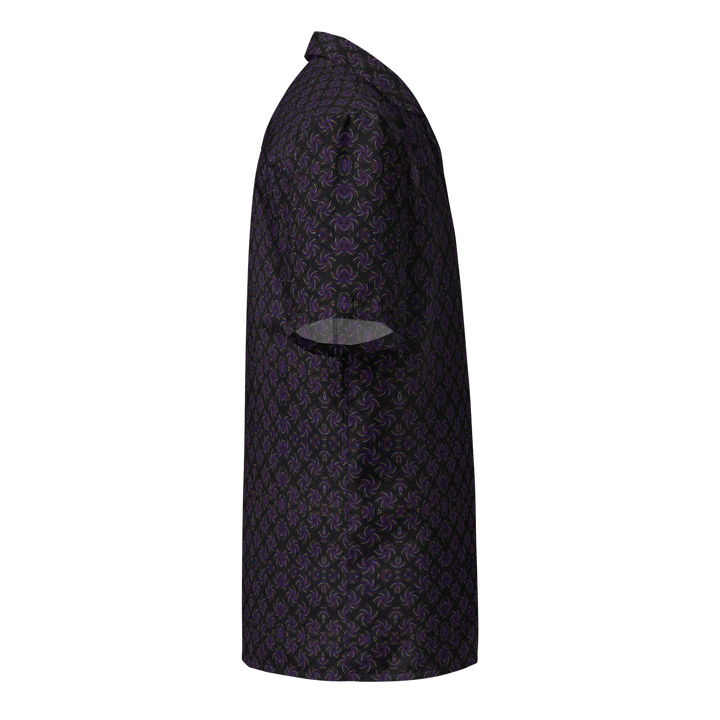 Right side angle of Dotadelic blackpurple button down – bold fractal design for festival fashion.