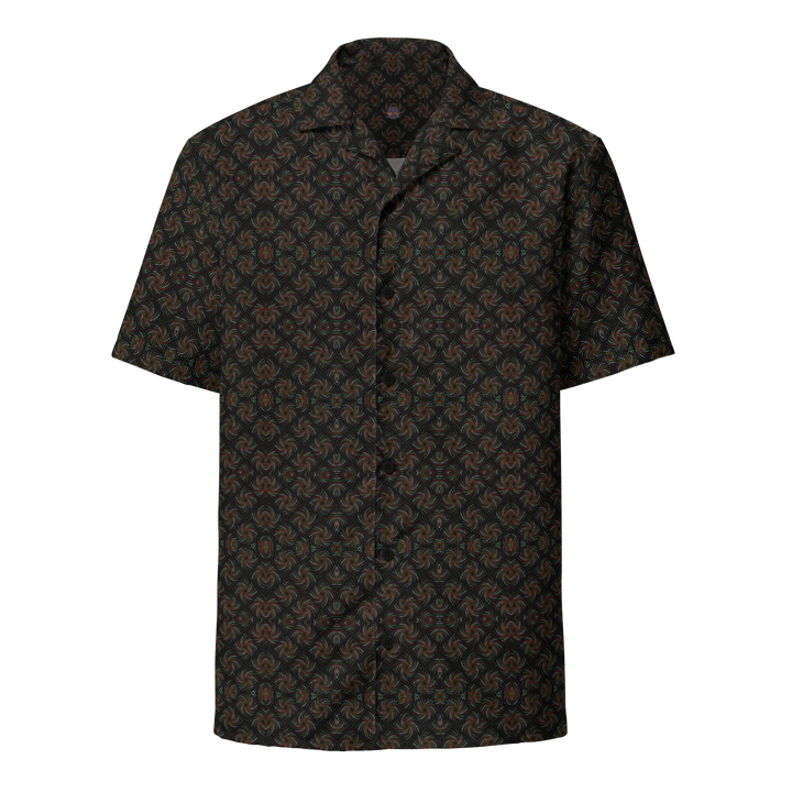Front view of Dotadelic black and red button down shirt – powerful sacred geometry for bold festival wear.