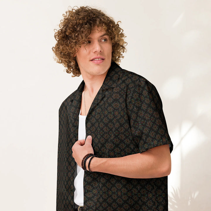 dotadelic-black-red-psychedelic-button-down-shirt-sacred-geometry-model-front