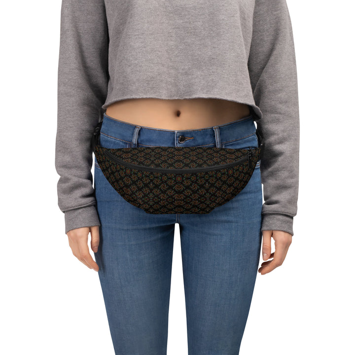 Model wearing Dotadelic (BlackRed) waistbag – bold psychedelic festival style with sacred geometry.