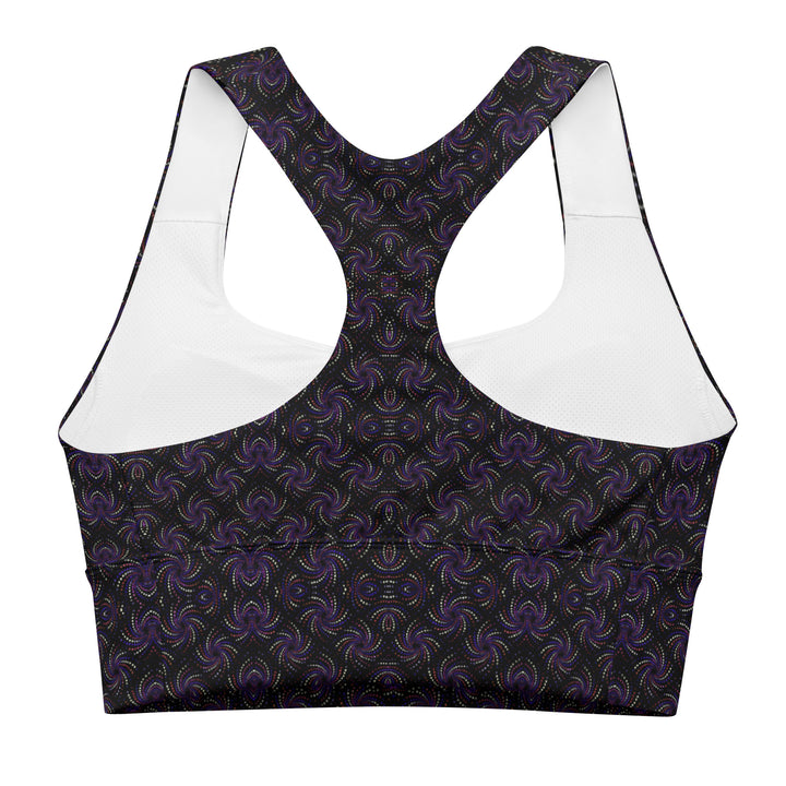 Flat back of Dotadelic longline sports bra – sustainable psychedelic fashion made for sacred flow, dance, and cosmic fitness.
