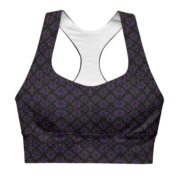 Flat front image of Dotadelic sports bra – psychedelic sacred geometry meets recycled comfort for yoga and active lifestyles.
