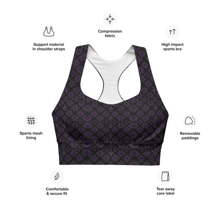 Infographic of Dotadelic bra – key features of this sacred geometry, eco-conscious, and psychedelic festival-ready sportswear.