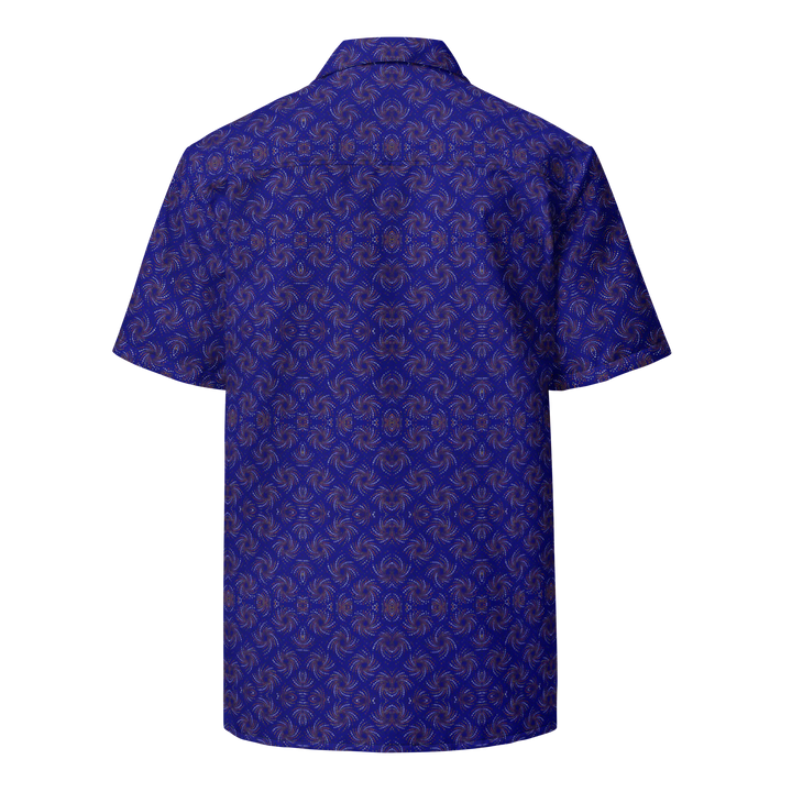 Back view of Dotadelic navy blue/orange shirt – bold fractal geometry for spiritual rave fashion.