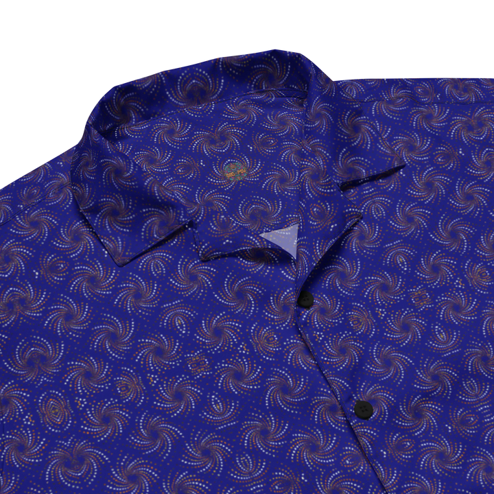 Close-up of collar and psychedelic pattern – Dotadelic navy/orange shirt with visionary details.