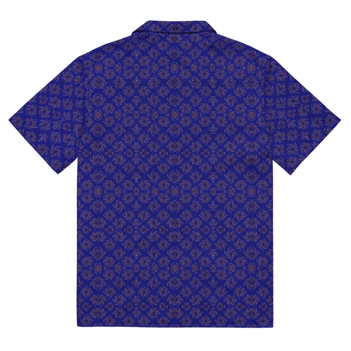 Flat back view of Dotadelic shirt – visionary navy blue and orange sacred geometry for rave lovers.
