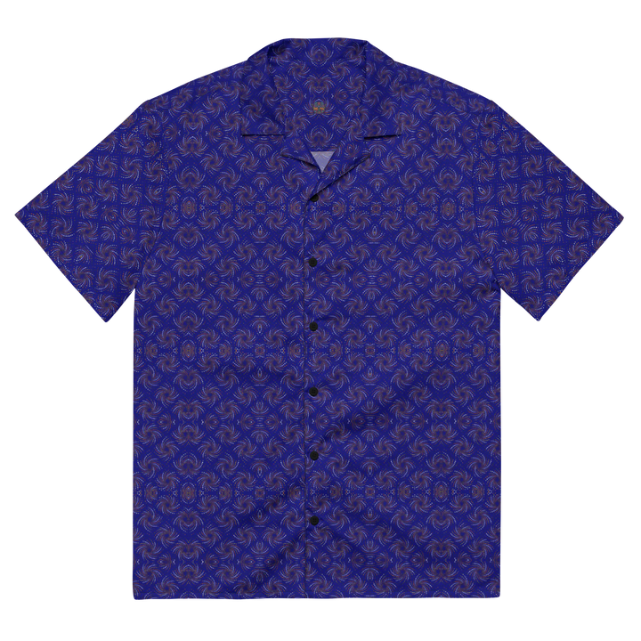 Flat front image of Dotadelic navy/orange button down – trippy symmetrical design for psychedelic fashion.
