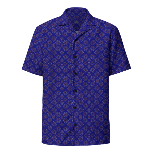 Front view of Dotadelic navy blue and orange button down shirt – vibrant sacred geometry for festival wear.