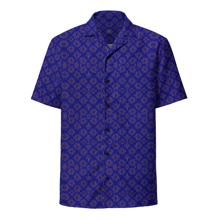 Front view of Dotadelic navy blue and orange button down shirt – vibrant sacred geometry for festival wear.
