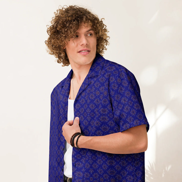 Model wearing Dotadelic navy blue/orange shirt – bold psychedelic fashion for festivals and burners.