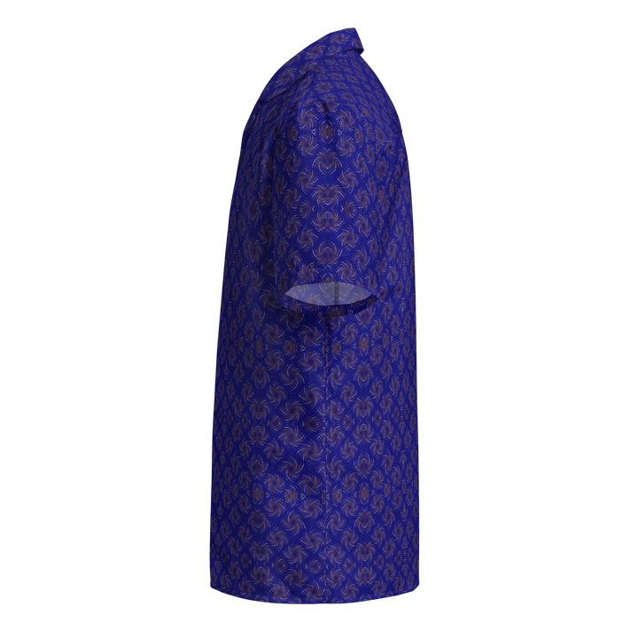 Left side view of Dotadelic navy blue and orange shirt – energetic sacred patterns for EDM style.