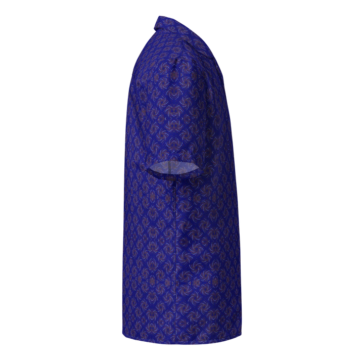 Right side angle of Dotadelic navy/orange shirt – flowing geometric design for festival vibes.
