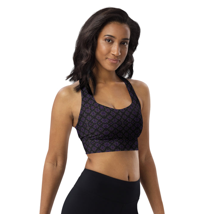 Side view of Dotadelic recycled sports bra – visionary sacred design for yoga, dance, and high-vibe psychedelic self-expression.