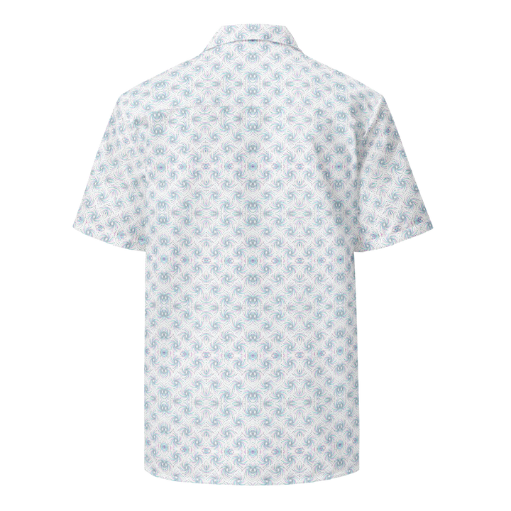 Back view of Dotadelic white and blue shirt – trippy symmetrical design for EDM fashion and spiritual wear.