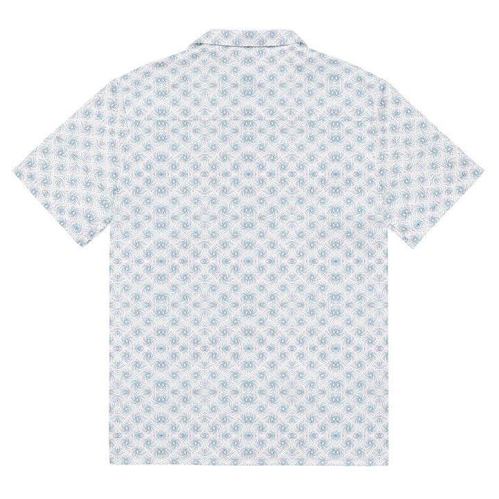 Flat back image of Dotadelic white and blue shirt – clean visionary pattern for rave and art culture.