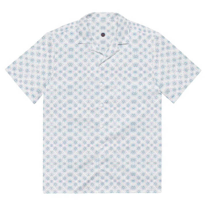 Flat front image of Dotadelic white/blue shirt – crisp and artistic sacred geometry for psychedelic expression.