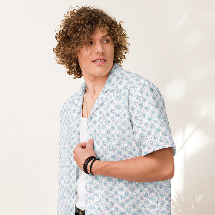 Model wearing Dotadelic white/blue button down – sacred geometric statement for festival fashion lovers.

