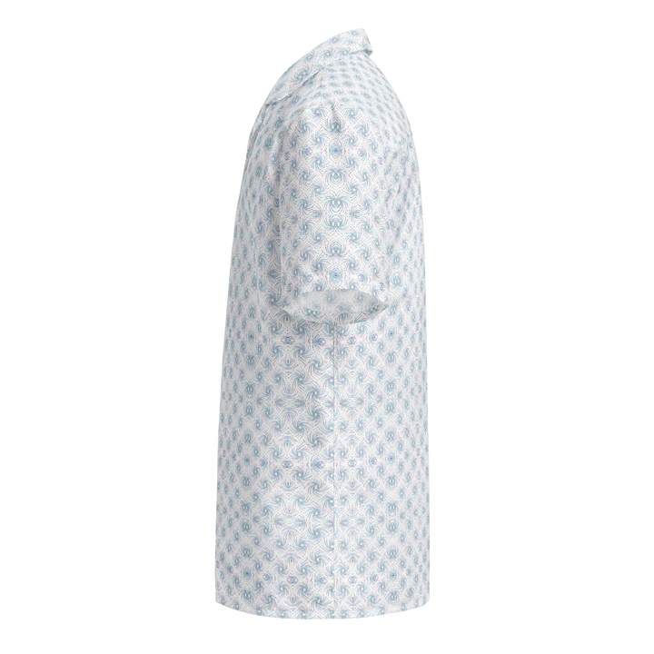 Left side view of Dotadelic white/blue shirt – flowing sacred design for visionary minds and festival goers.