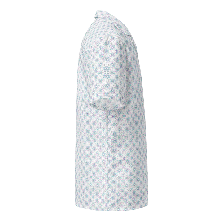 Right side angle of Dotadelic white/blue shirt – geometric fractals for psychedelic streetwear.
