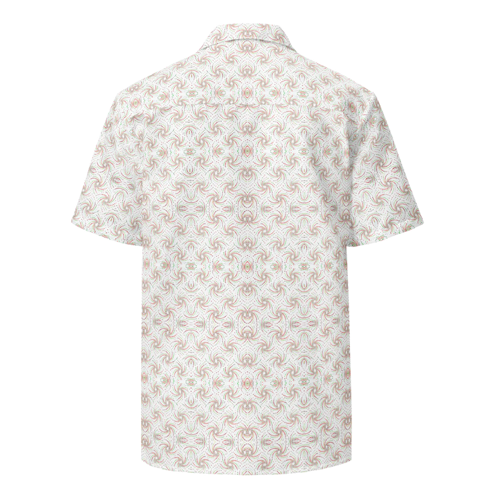 Back view of Dotadelic white/red shirt – striking geometric symmetry for spiritual and rave style.
