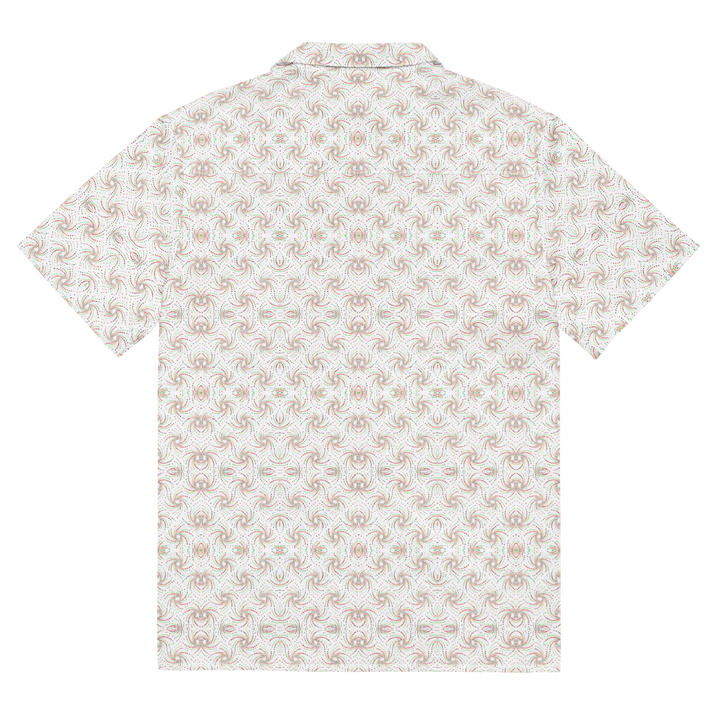 Flat back image of Dotadelic white/red shirt – clean and vivid fractal patterns for artistic souls.
