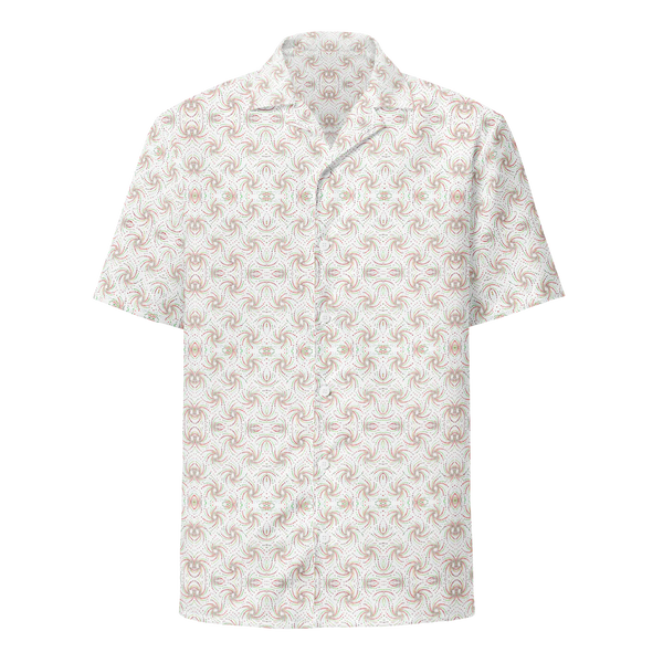 Front view of Dotadelic white and red button down shirt – bold sacred geometry for visionary festival fashion.