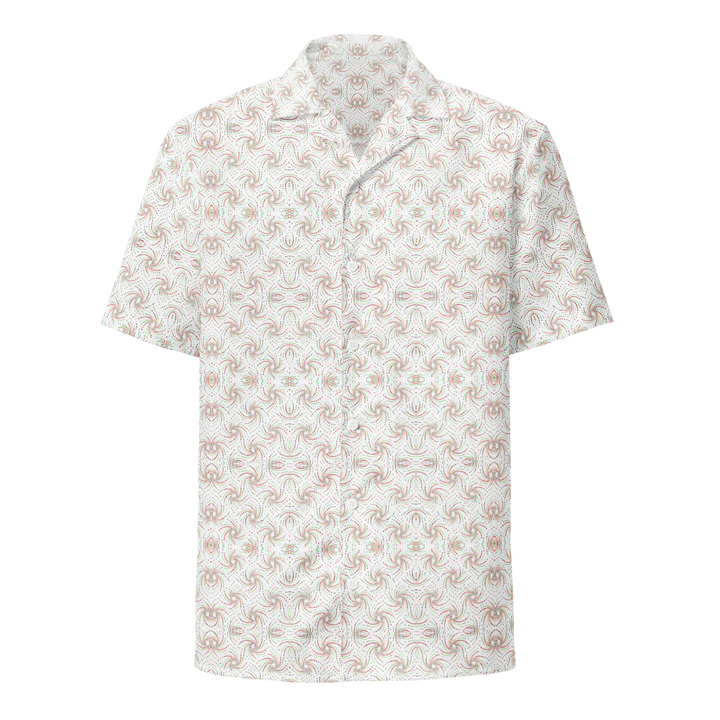 Front view of Dotadelic white and red button down shirt – bold sacred geometry for visionary festival fashion.