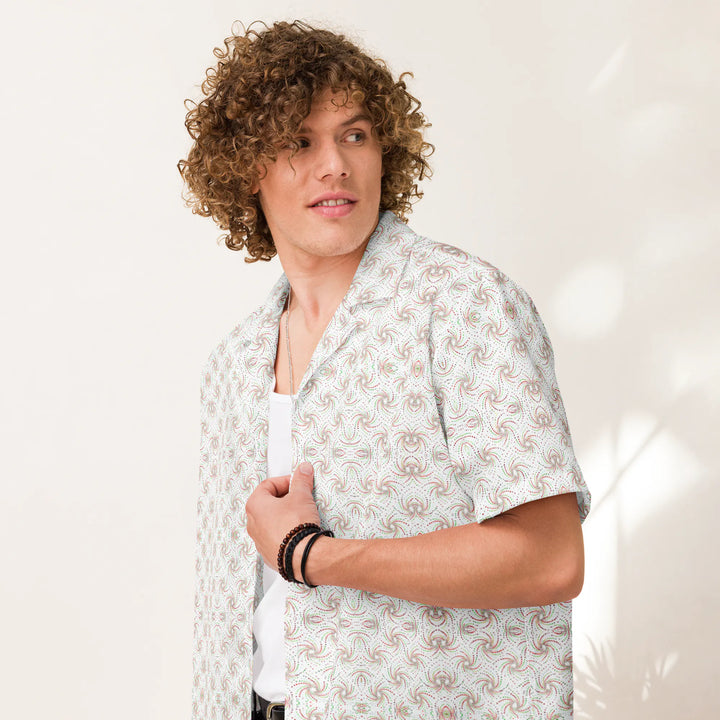 Model in Dotadelic white and red shirt – psychedelic sacred geometry look for festival and spiritual wear.
