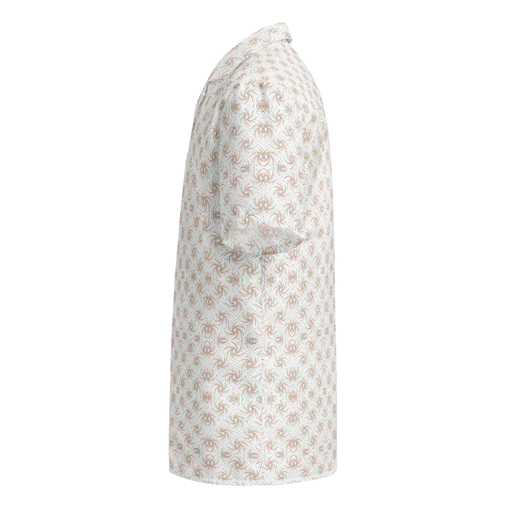 Left side angle of Dotadelic white/red button down – visionary style with a sharp psychedelic look.