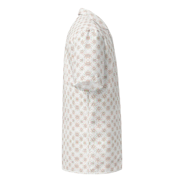Right side profile of Dotadelic white and red shirt – sacred patterns for expressive EDM wear.
