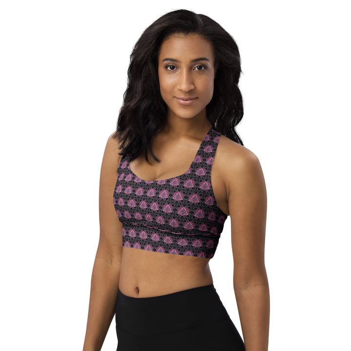Alternate front view of Eyora recycled sports bra – visionary psychedelic sacred geometry design for festival and everyday wear.