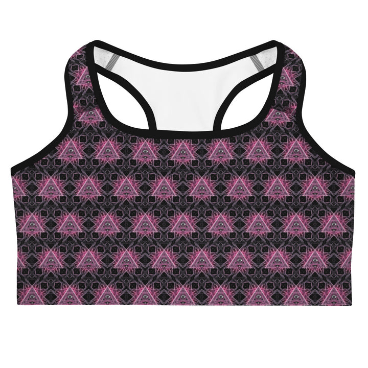Flat lay front of Eyora sports bra – sacred geometry print for yoga and activewear lovers