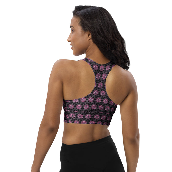 Back view of Eyora longline sports bra featuring eco-friendly recycled fabric and psychedelic sacred geometry print – perfect for rave and fitness.