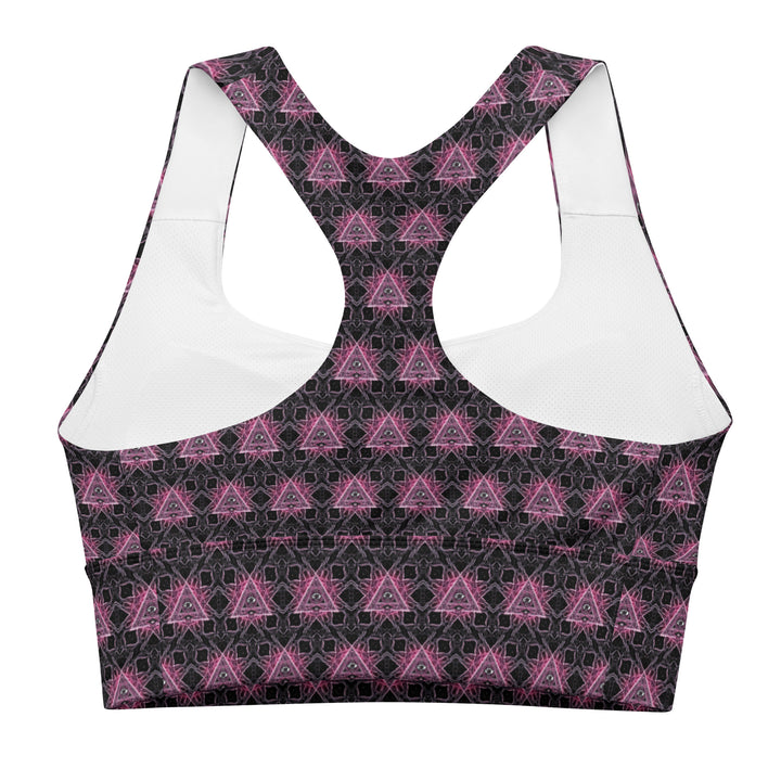 Flat lay back of Eyora eco-conscious recycled sports bra with psychedelic sacred geometry print – sustainable and stylish for raves and yoga.