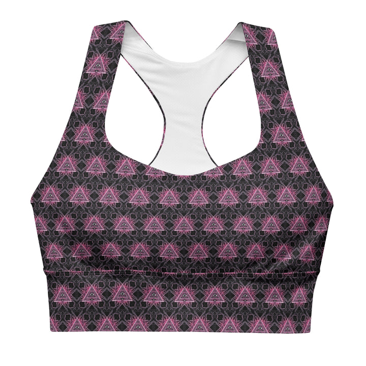 Flat lay front of Eyora recycled sports bra – psychedelic sacred geometry activewear designed for yoga, festivals, and raves.