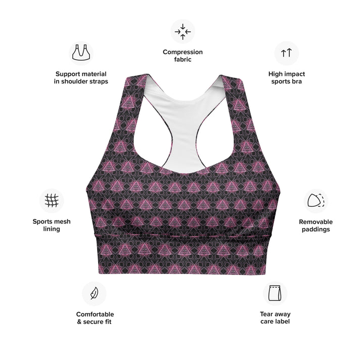 Infographic showing key features of Eyora recycled sports bra – sustainable materials, support, and psychedelic sacred geometry design.