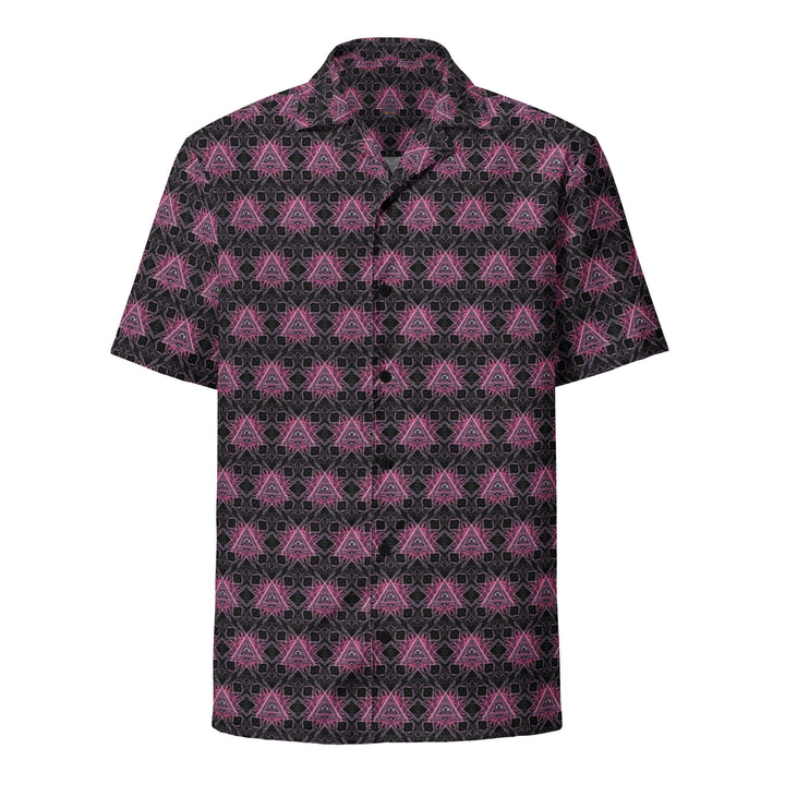 Front view of Eyora button down shirt – radiant sacred geometry for psychedelic rave fashion.