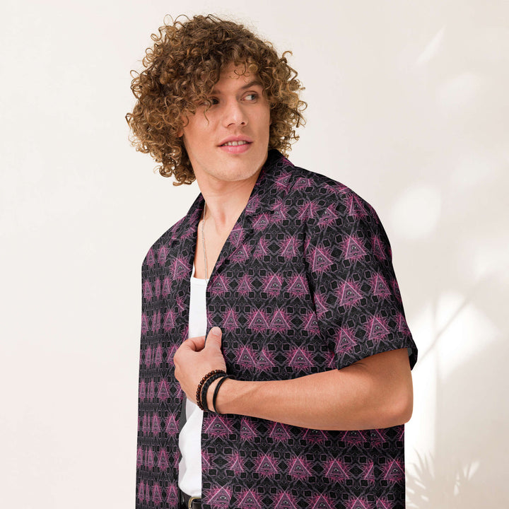 Model wearing Eyora shirt – psychedelic fashion for conscious festivals and visionary souls.